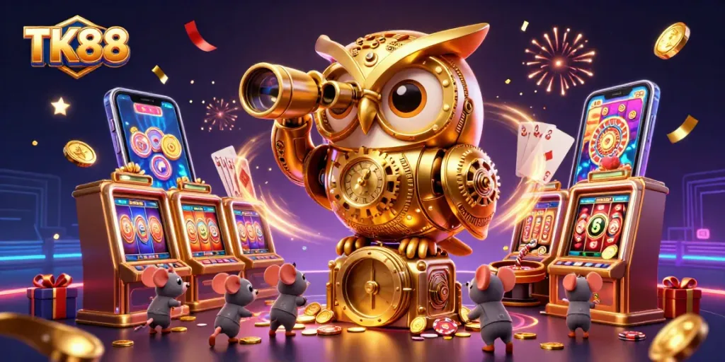 TK88 inspired vibrant casino scene with a golden owl and wind-up mice amid game elements.