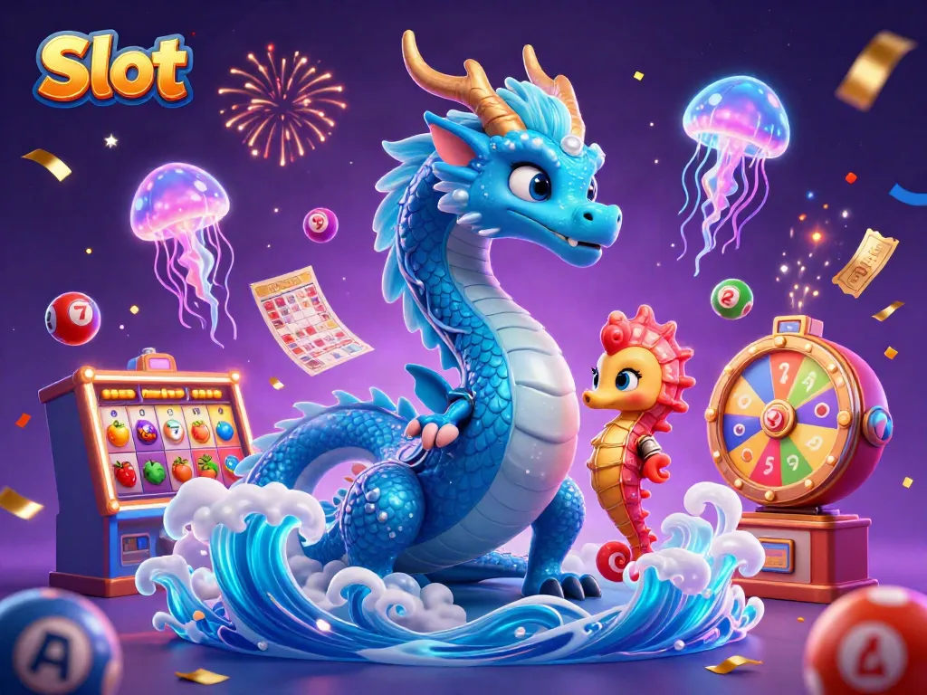 Spin reels and jackpot symbols in a vibrant slot-themed illustration with ocean dragon and seahorse.