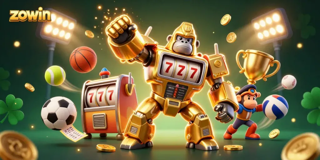 Zowin offers an exhilarating casino experience with a golden gorilla mech amidst dynamic sports and gaming elements.