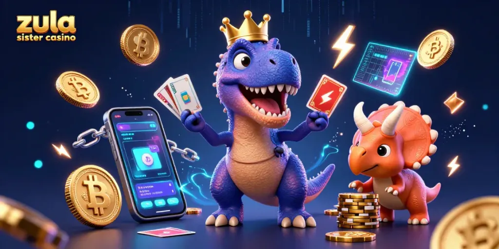 Play at zula sister casino with vibrant T-Rex and friends surrounded by crypto elements.