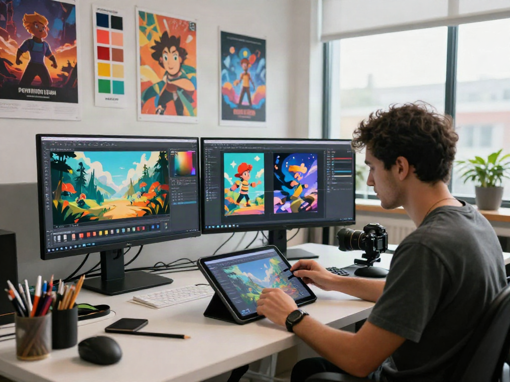 Dynamic digital artist studio showcasing the innovative potential of a porn ai generator in content creation.