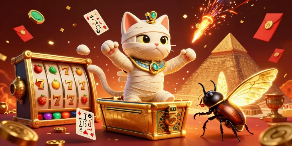 Kaisarjudi's dynamic casino scene showcases a mummy cat, slot reels, and festive elements for an engaging gaming experience.