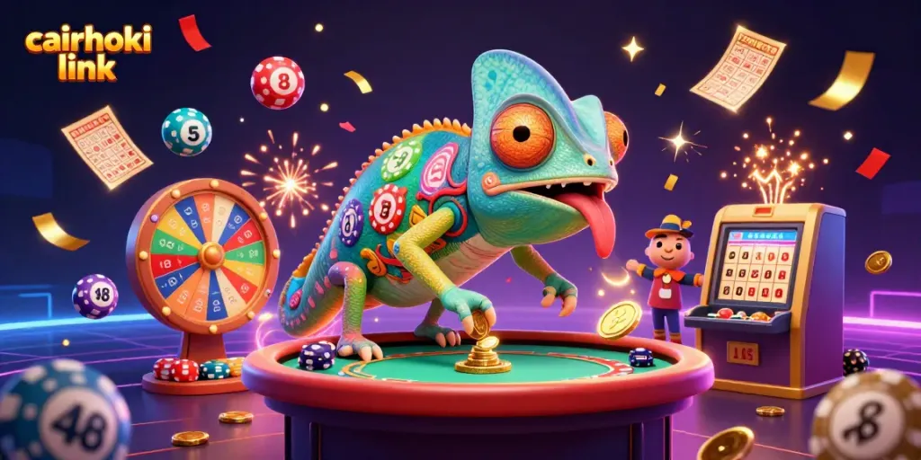Gambar cairhoki link dengan chameleon kasino yang menangkap koin emas di antara berbagai bola lotere berwarna.