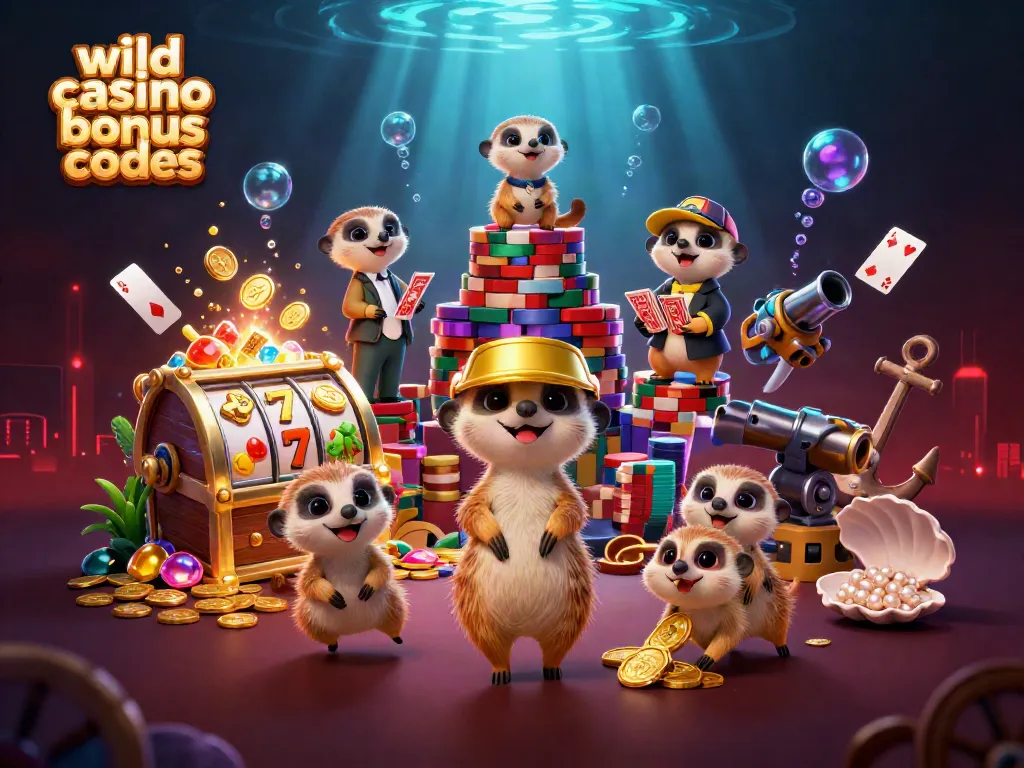 Experience the thrill of wild casino bonus codes with playful meerkats managing a vibrant casino setup.
