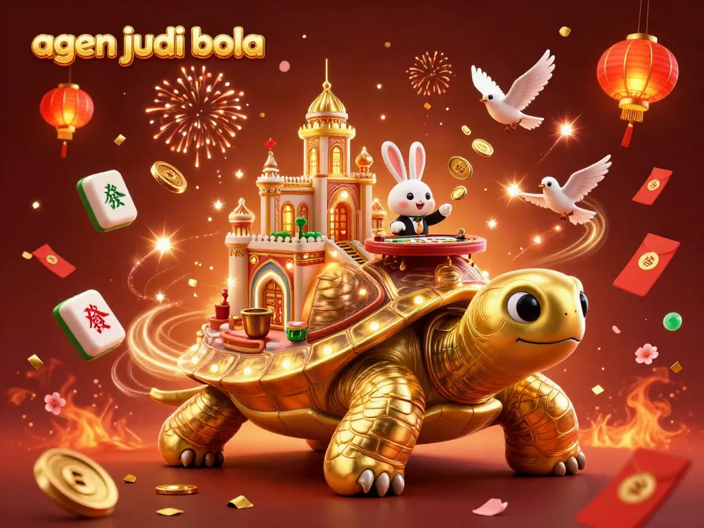 Engage with the vibrant world of agen judi bola featuring a golden tortoise casino, a rabbit dealer, and flying coins.
