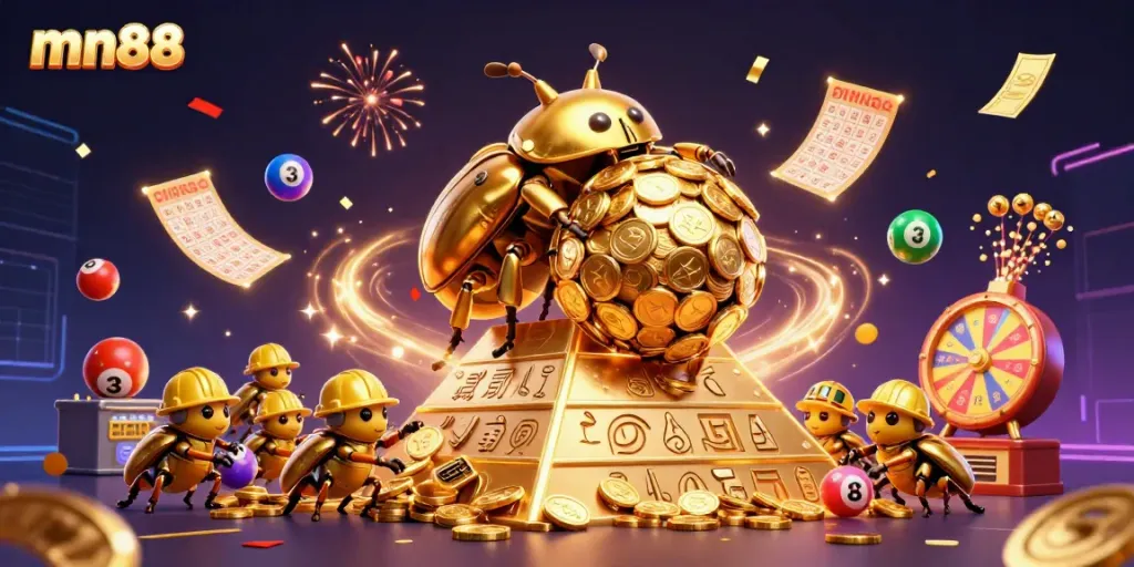 Experience the excitement of mn88 with golden beetles rolling coin jackpots amidst colorful lottery elements.