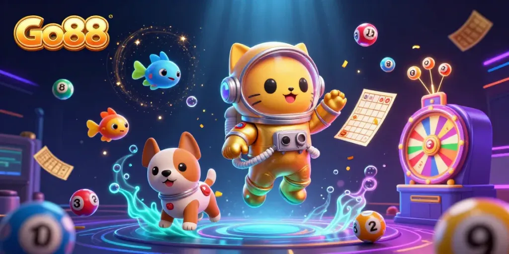 Engage with Go88's vibrant casino universe featuring a golden astronaut cat and lotto elements.
