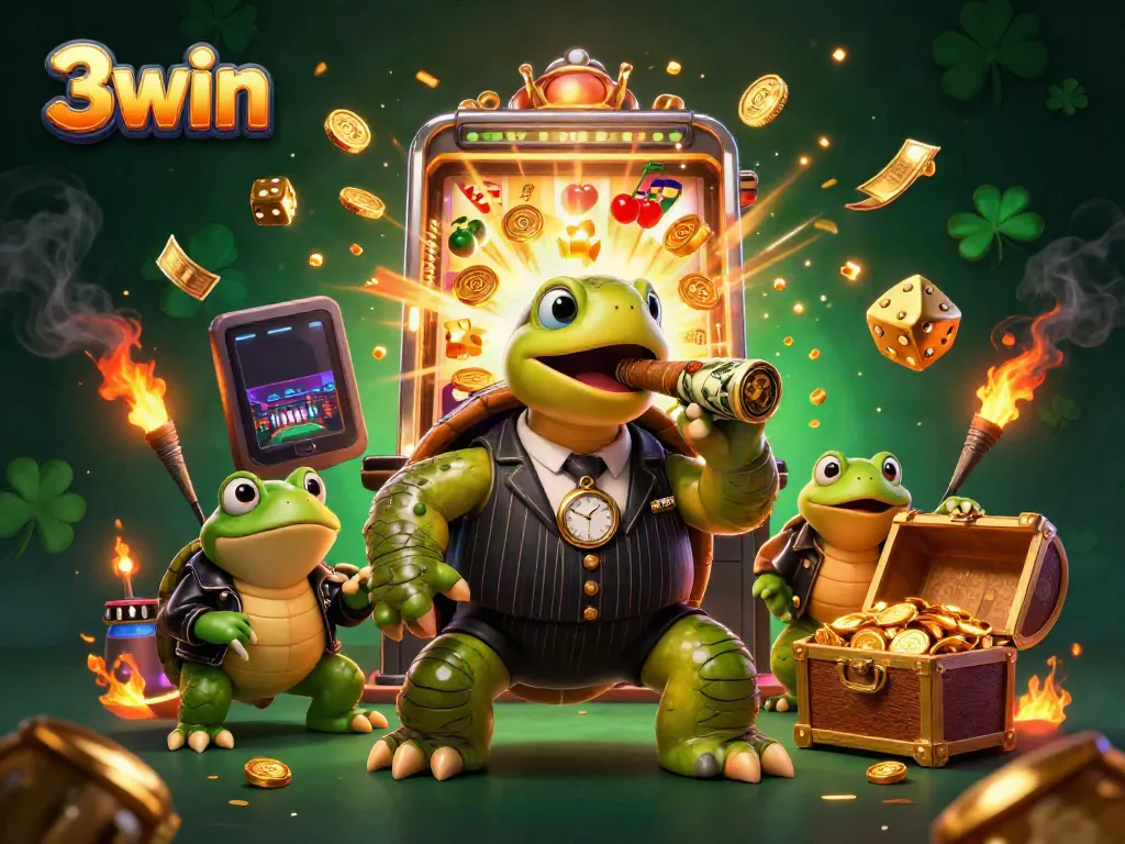 3win's vibrant casino scene featuring a turtle in a suit with jackpot symbols exploding around.