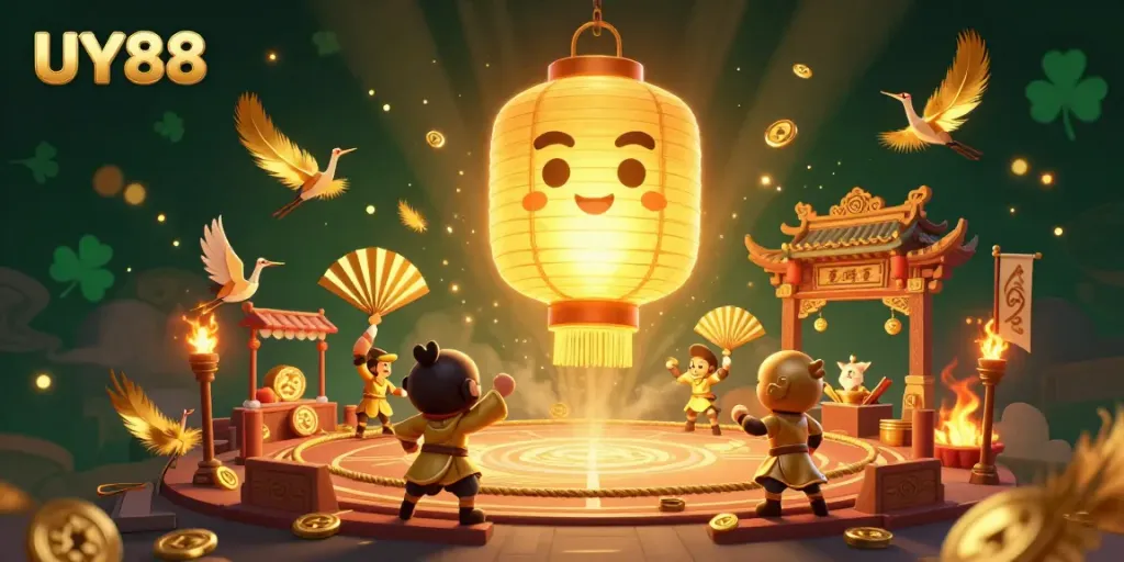 Experience the vibrant night market casino atmosphere with UY88’s golden lantern spirit and allies amidst dynamic gambling elements.