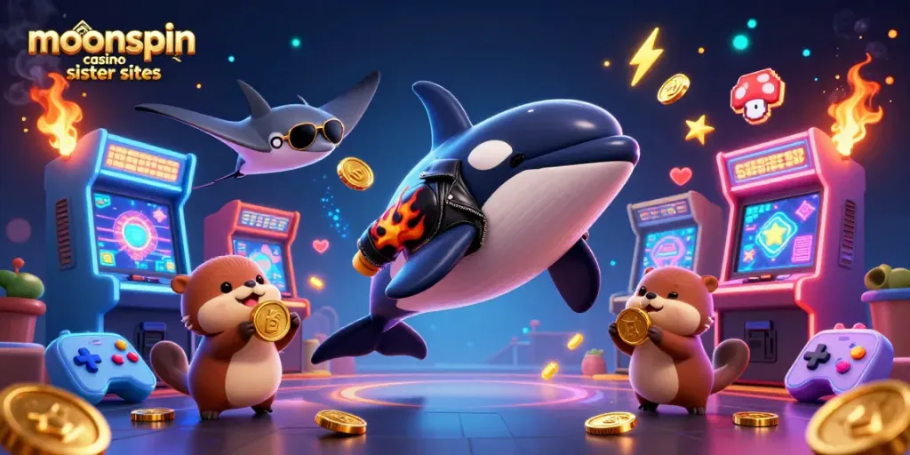 Engage with moonspin casino sister sites featuring an orca in a biker jacket, a cool stingray, and otters with coins in a vibrant casino setting.