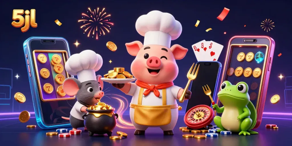 5jl casino scene with chef pig serving gold coins, vibrant slots, and festive atmosphere