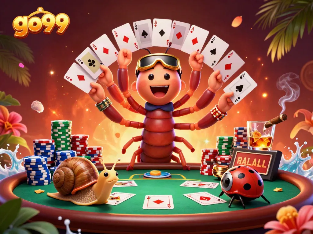 Experience the excitement at go99 with a vibrant 3D casino scene featuring animated characters and poker elements.