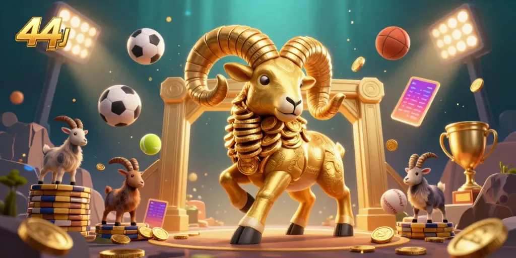 Exciting 44jl casino scene with a charging golden ram and dynamic sports elements.