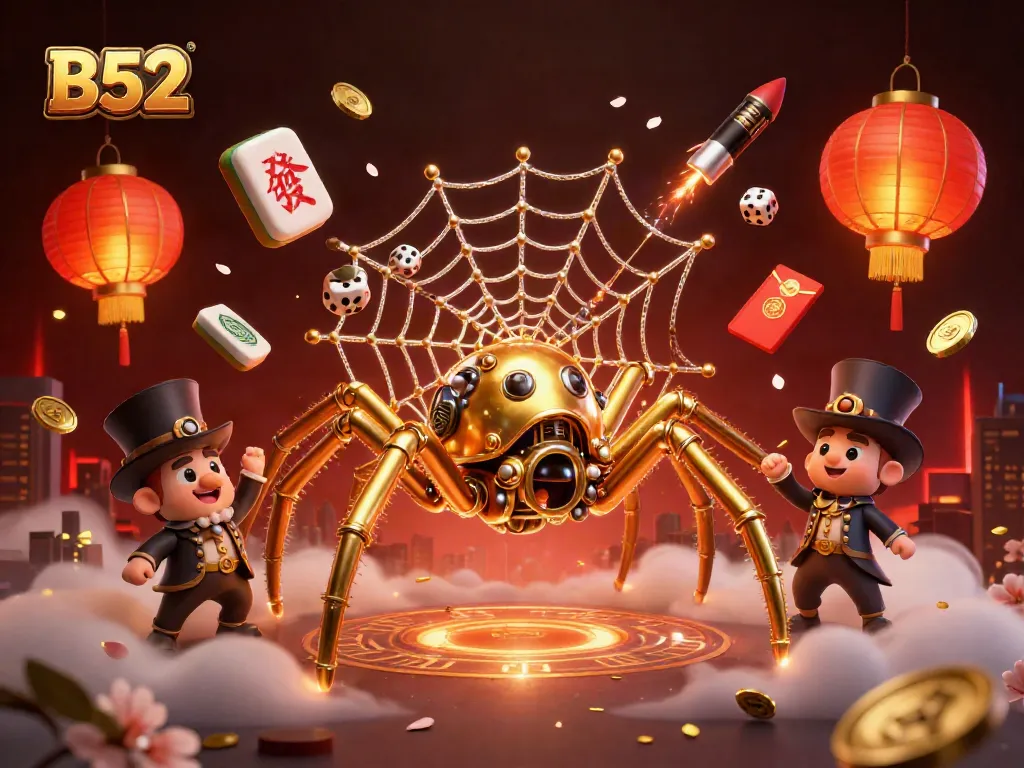 B52 casino scene with a steampunk spider catching dice in golden webs amidst vibrant gambling elements.