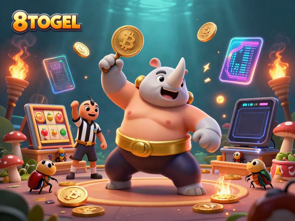 8TOGEL menampilkan juara muih rhinoceros dalam duel dengan koin emas, simbol keberuntungan, dan unsur permainan.