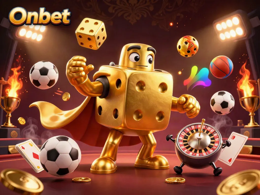 Engage with excitement at Onbet, featuring a golden dice golem juggling dice in a lively casino scene.
