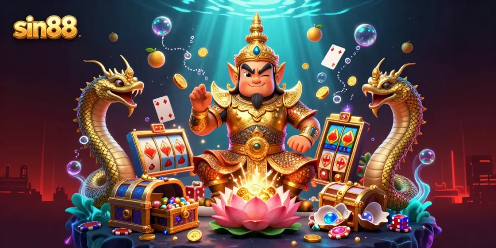 Engage with sin88's vibrant casino experience featuring cartoon guardians, gold coins, and dynamic game elements.