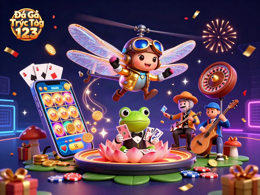 Watch Đá Gà Trực Tiếp 123 with an exciting dragonfly pilot and frog dealer in this vibrant casino scene.