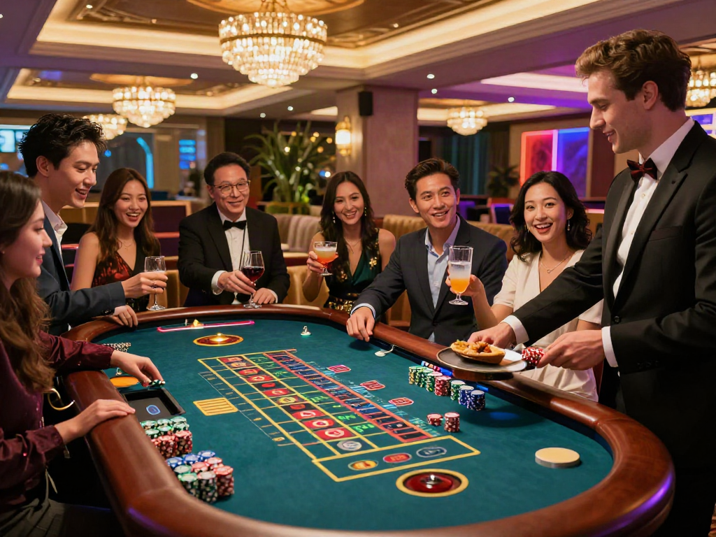 Situs toto gambling night with friends at a vibrant casino lounge