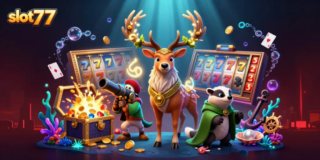 Spin to win with slot777 in a vibrant casino scene featuring magical creatures and treasure.
