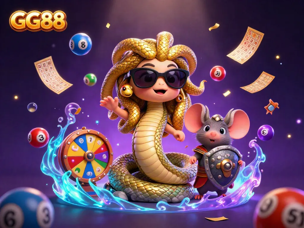 Engage with GG88's vibrant casino scene featuring Medusa, a warrior mouse, and dynamic game elements.