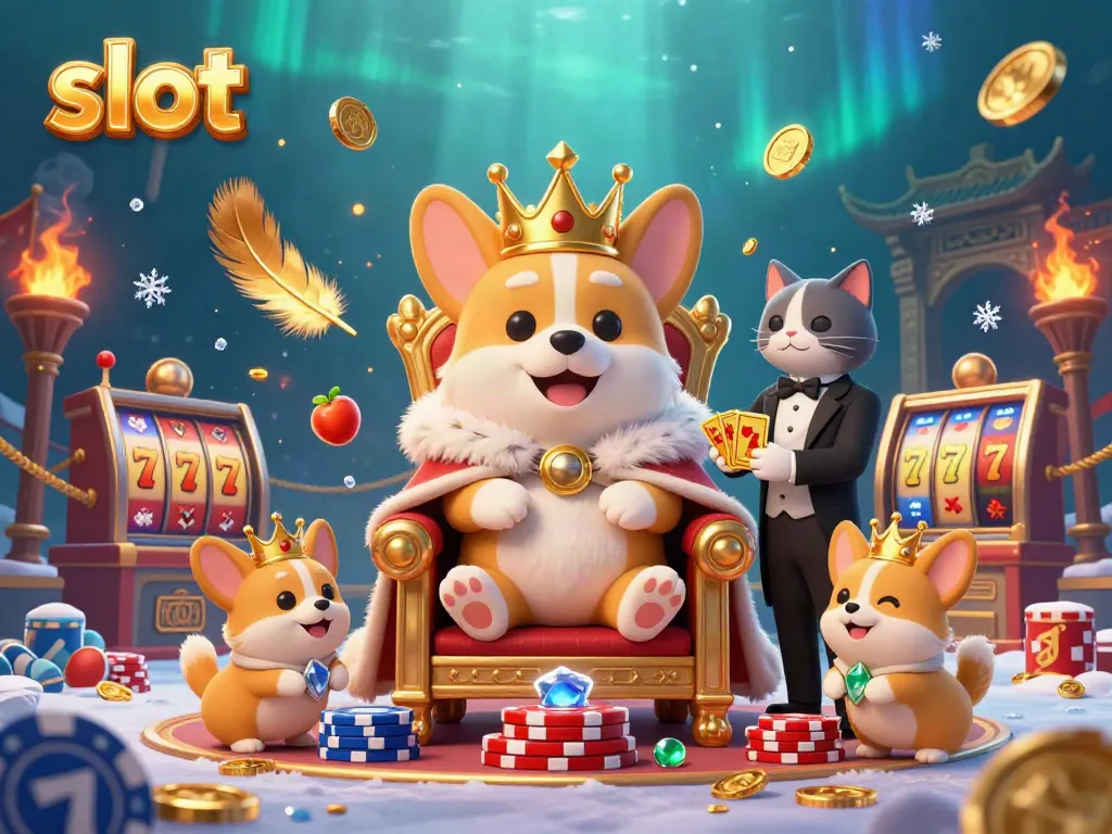 Experience the thrill of slot games with vibrant corgi characters and rich casino elements in this illustration.