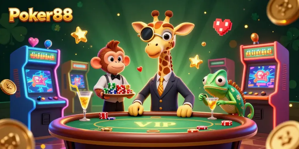Play poker at Poker88 with a high-roller giraffe amidst colorful gaming elements.