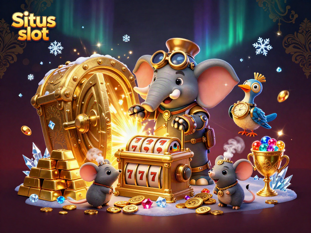 Slot situs slot dengan gajah rekayasa steampunk bermain mesin slot berkilau, dikelilingi harta berkilau.