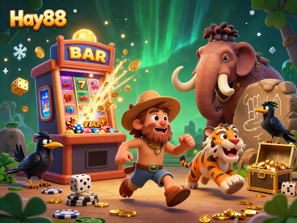 Experience excitement at Hay88's vibrant prehistoric casino scene featuring a caveman, sabertooth tiger, and a clever crow.