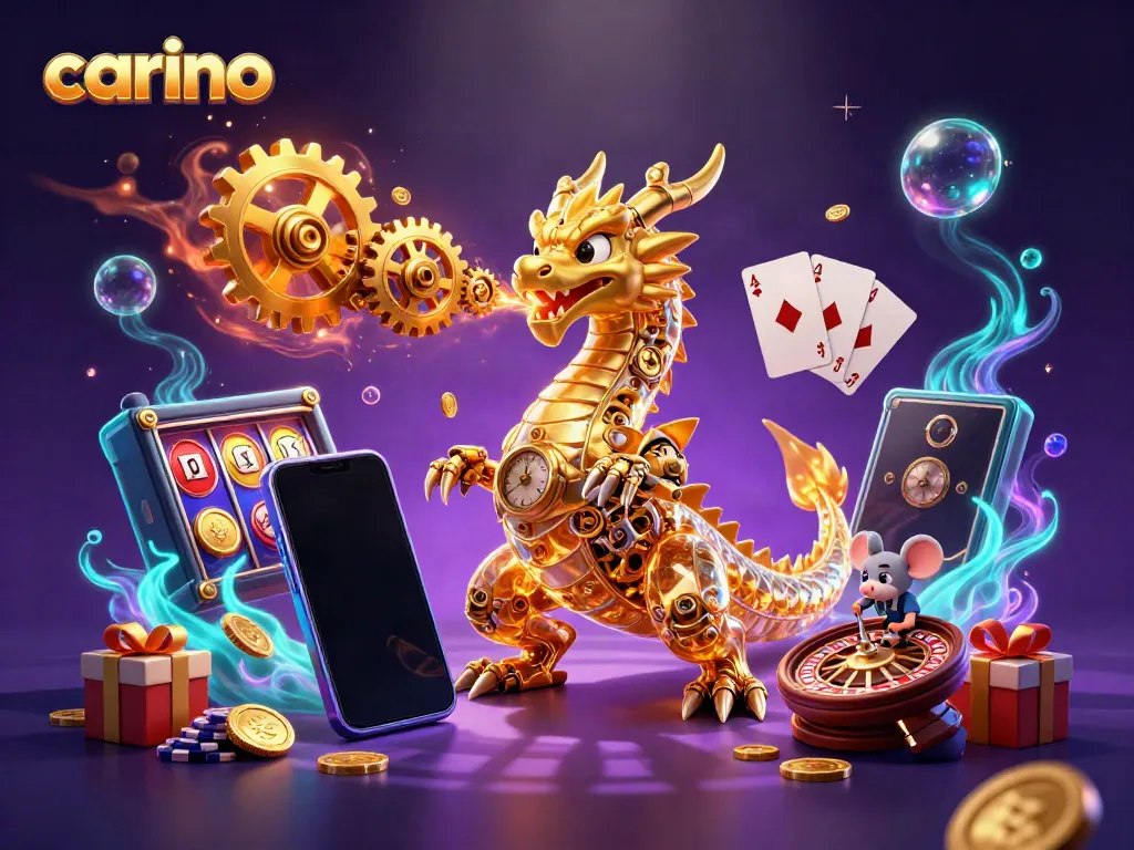 Experience dynamic gameplay with Carino's golden dragon surrounded by vibrant casino elements.