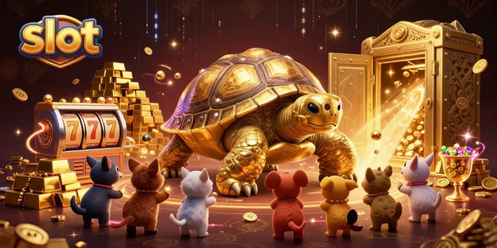 Experience the excitement of slot gaming with a colossal golden tortoise and vibrant casino elements.
