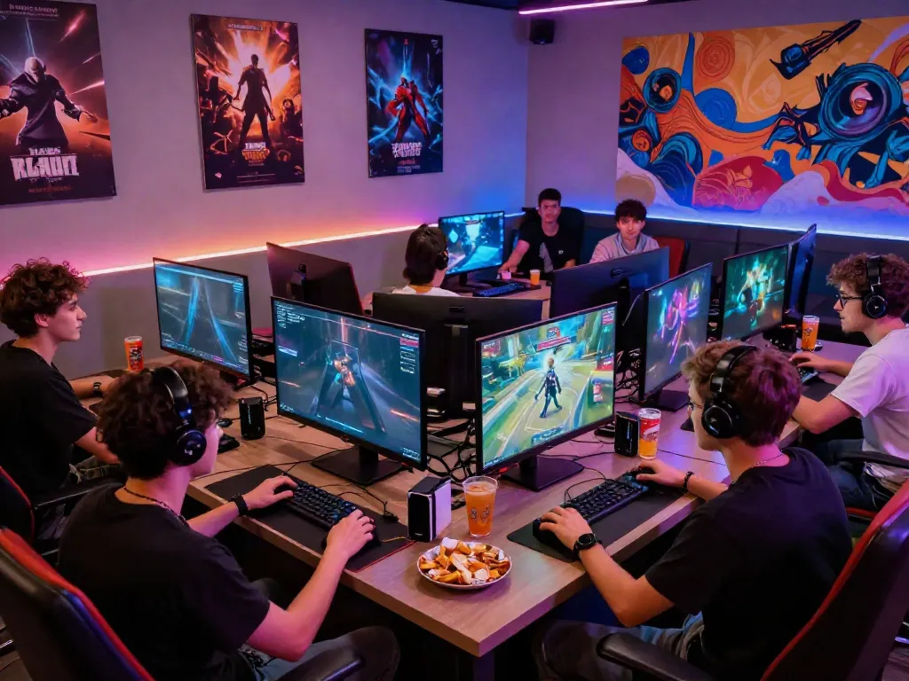 Akunjp gaming lounge with friends enjoying multiplayer games and snacks.