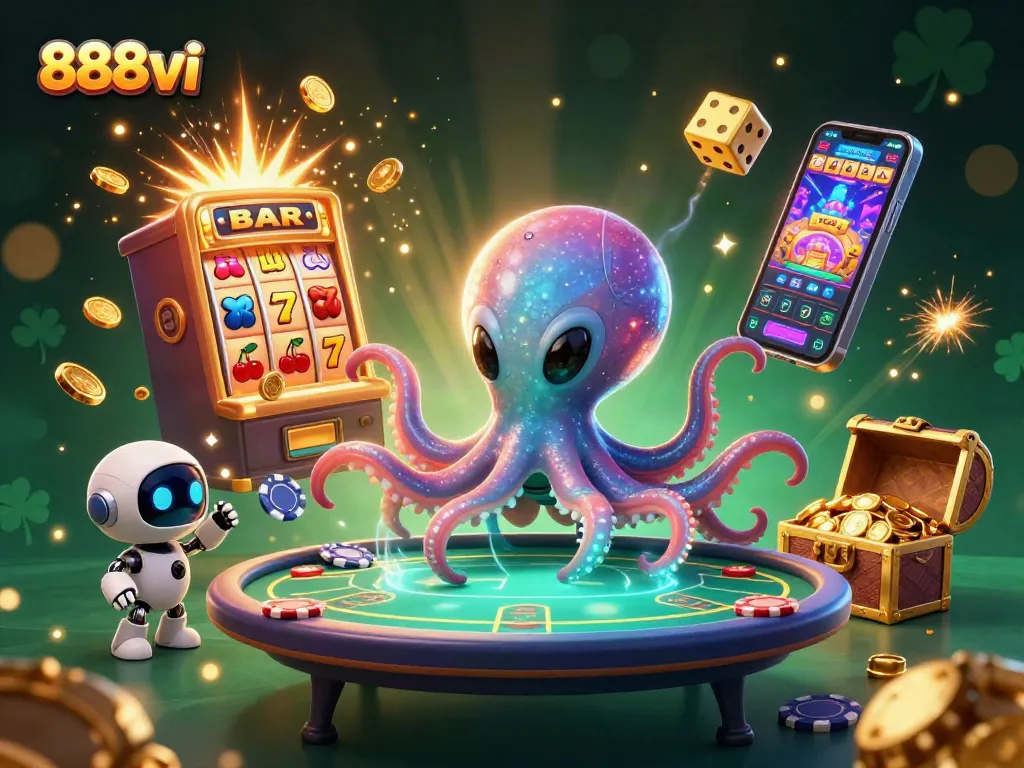 Engage with thrilling casino games at 888vi, featuring a lively alien octopus at a poker table surrounded by dynamic casino elements.