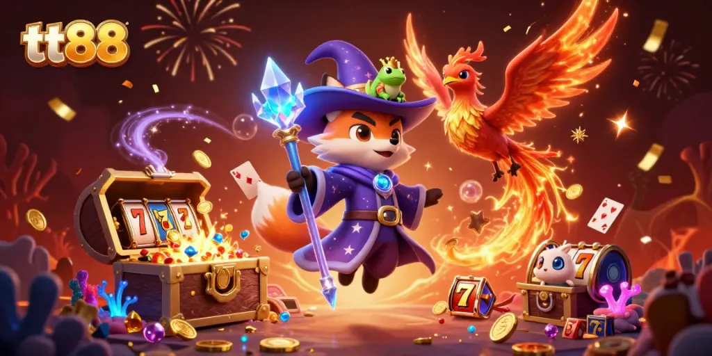 Experience the excitement of tt88 with a magical illustration featuring a wizard fox, phoenix, and treasures.