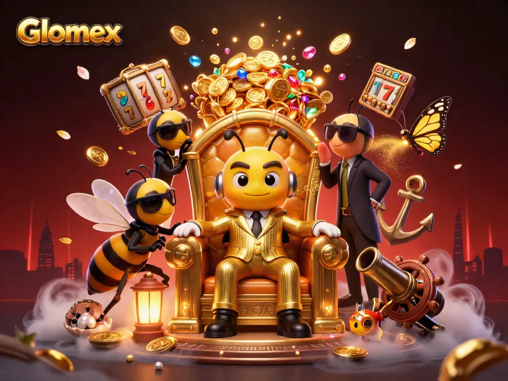 Engage with Glomex in this immersive casino scene featuring vibrant slot game elements.