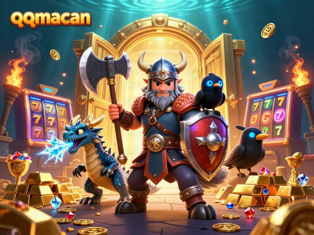 Experience exciting wins with QQMacan as a Viking warrior battles alongside dragons and treasures in a colorful casino atmosphere.