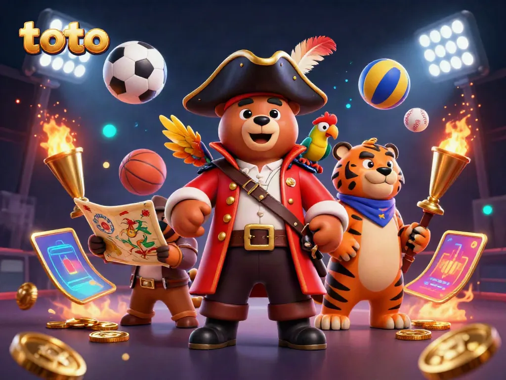 Engage in thrilling toto casino fun with a pirate bear, tiger, and parrot in a dynamic gaming scene.