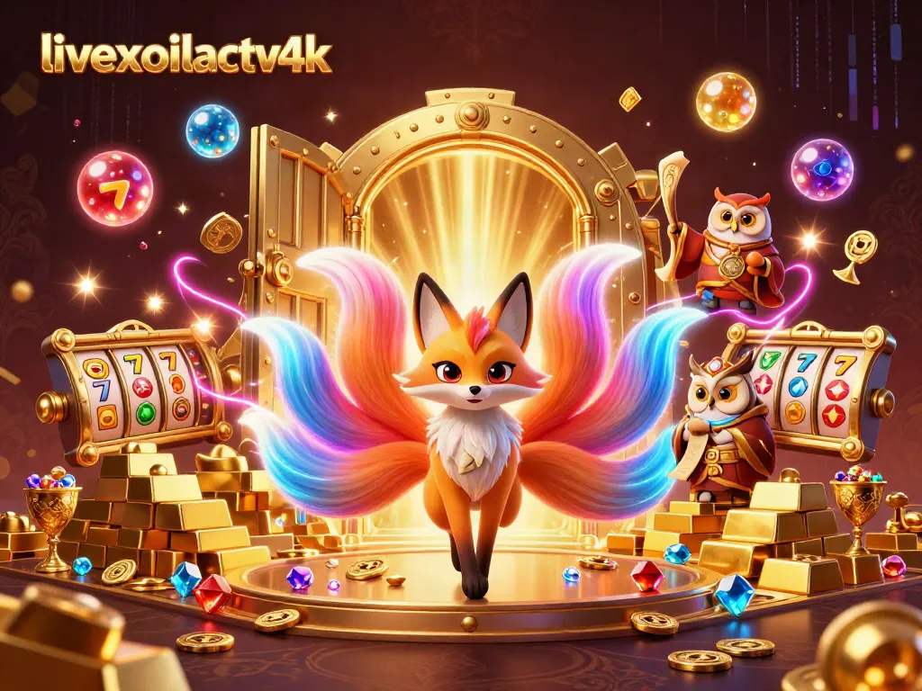 Capture the thrill of livexoilactv4k with a vibrant casino scene featuring a nine-tailed fox spirit, wise owl, and radiant treasures.