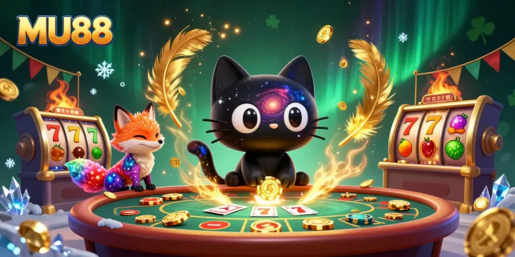 Experience MU88's cosmic casino adventure with a cat and fox amid dazzling symbols.