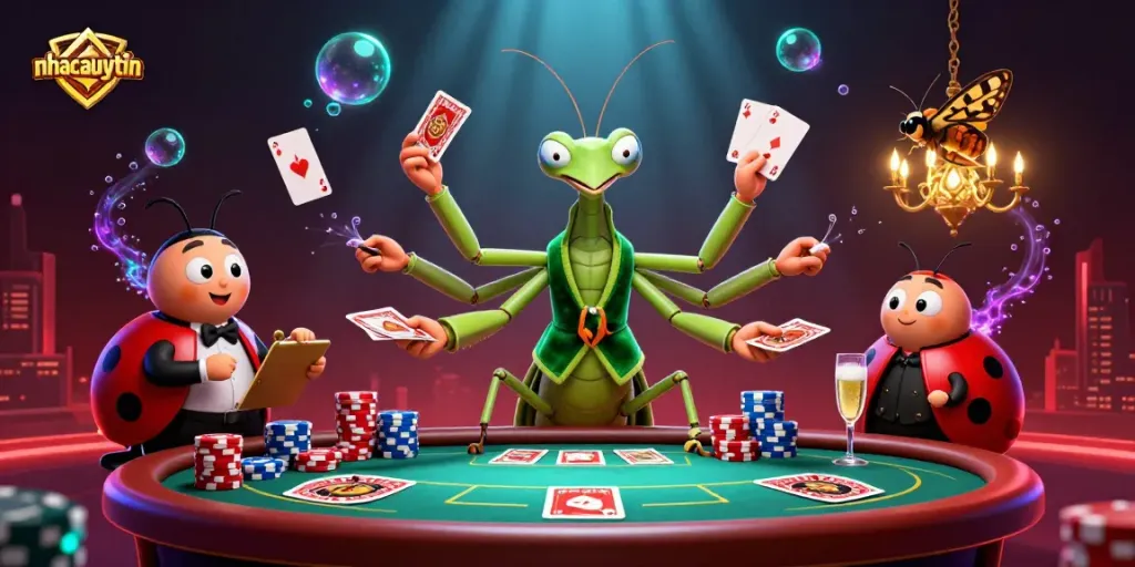 nhacaiuytin features a giant praying mantis card sharp dealing cards in a vibrant casino scene.