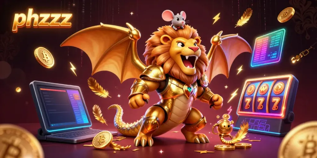 Experience phzzz excitement with a golden chimera and crypto elements in a rich casino scene.