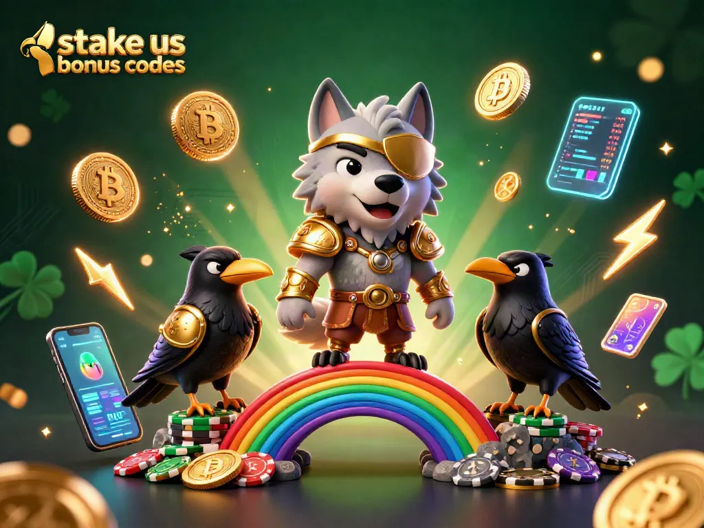 Engage with stake us bonus codes in a vibrant 3D illustration featuring a mythical Odin wolf and raven guardians.