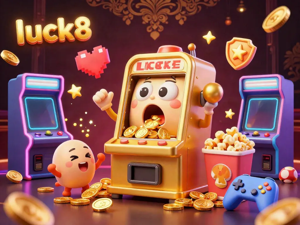 Experience the thrill of luck8 with a jubilant slot machine hitting a jackpot surrounded by cheering mini slot machines and game elements.