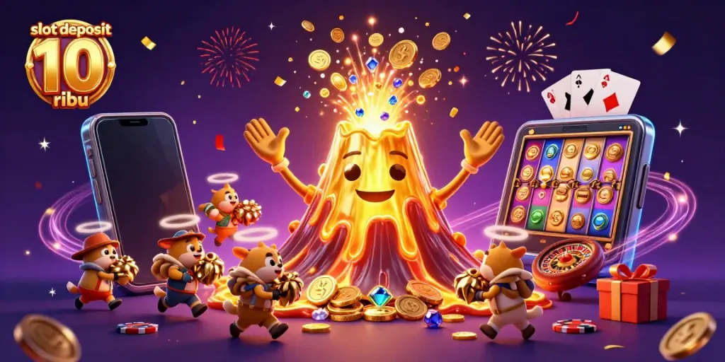 Experience a thrilling slot deposit 10 ribu adventure with vibrant 3D elements in a casino scene.