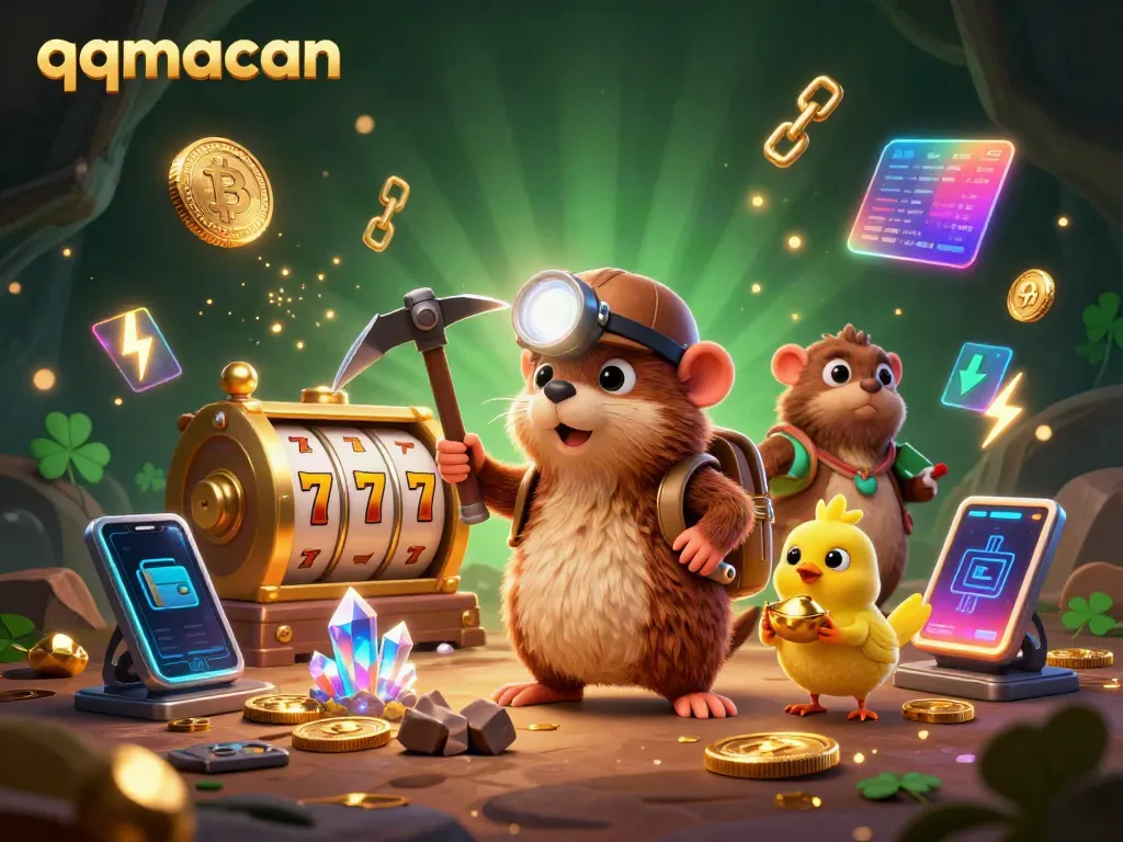 Engage with qqmacan while enjoying vibrant slot reels, crypto coins, and a treasure hunter scene.
