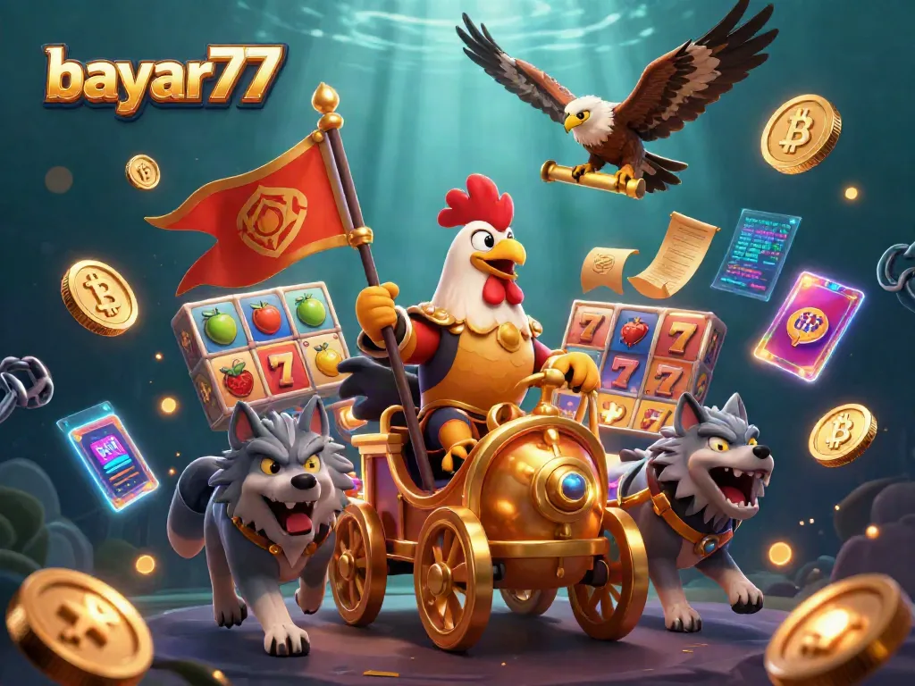 Experience seamless betting with bayar77 by a rooster warlord and golden coins in vibrant casino art.