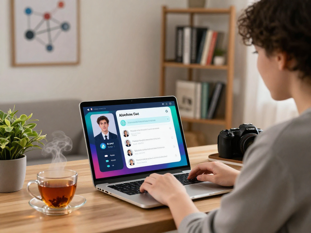 User engaging in AI chat porn while interacting with a sleek laptop interface in a cozy home office.