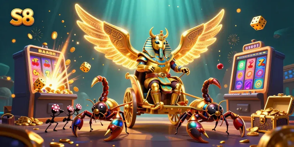S8 vibrant casino-themed illustration featuring a golden scarab and scorpions amidst slot machines and chips.