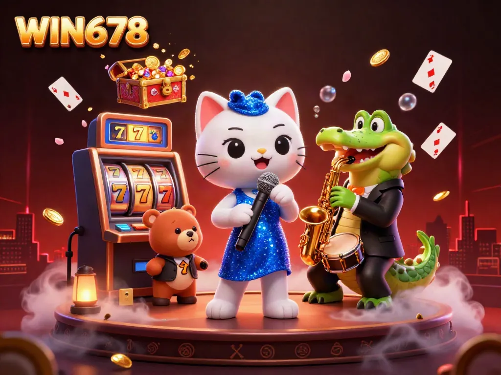 WIN678 transforms the casino experience with vibrant characters and exciting slot action in a dynamic 3D illustration.