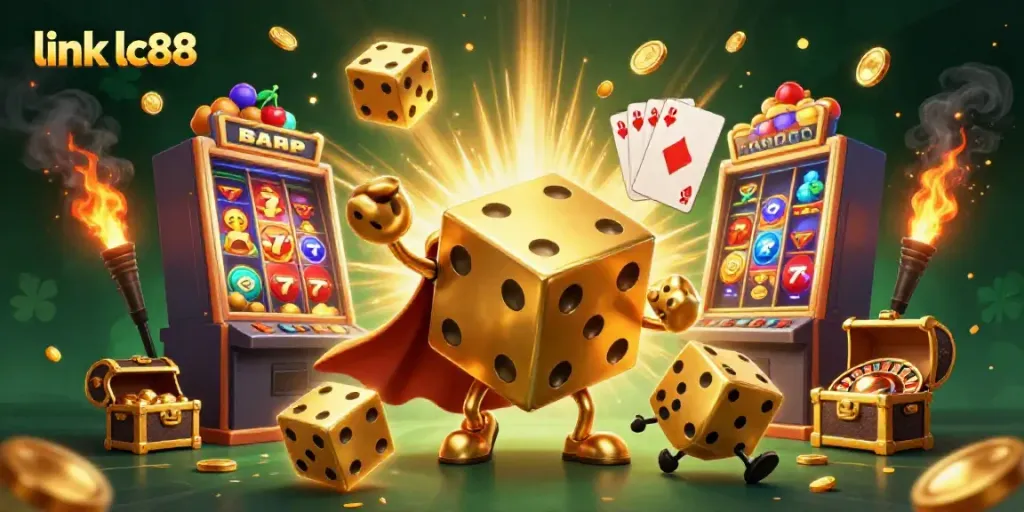 Experience the excitement with link lc88 as golden dice characters juggle within a dynamic casino scene bursting with winnings.